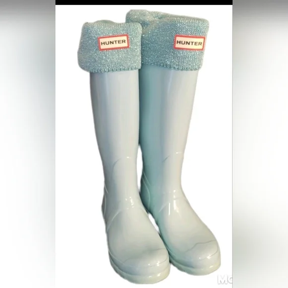 Hunter Original Tall Blue Green Waterproof 7 Boot W/ Matching Metallic Socks - Picture 1 of 16